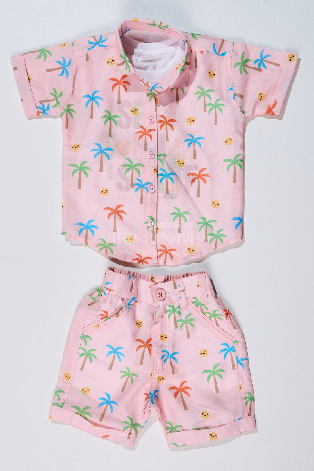 The Nesavu Boys Casual Set Boys Party Wear Casual Shirts with Tropical Printed Shorts and Surf Theme T-Shirt Nesavu 16 (1Y) / Peach BCS215A-16 Nesavu Boys Party Wear Casual Shirts Tropical Printed Shorts Surf Graphic T-Shirt