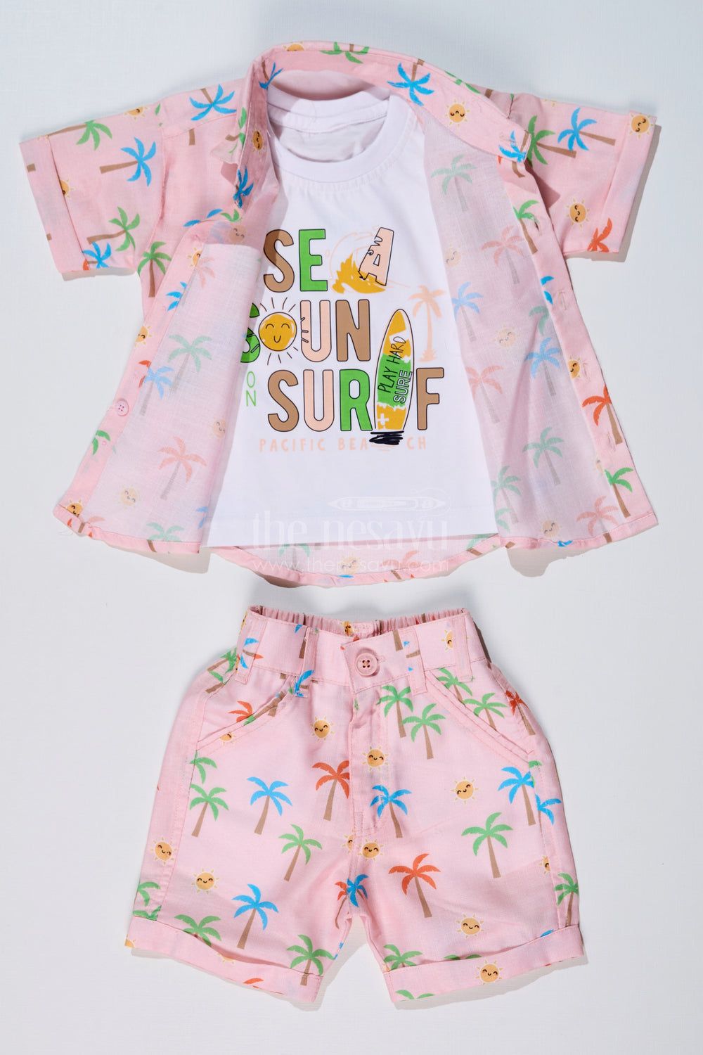 The Nesavu Boys Casual Set Boys Party Wear Casual Shirts with Tropical Printed Shorts and Surf Theme T-Shirt Nesavu Nesavu Boys Party Wear Casual Shirts Tropical Printed Shorts Surf Graphic T-Shirt