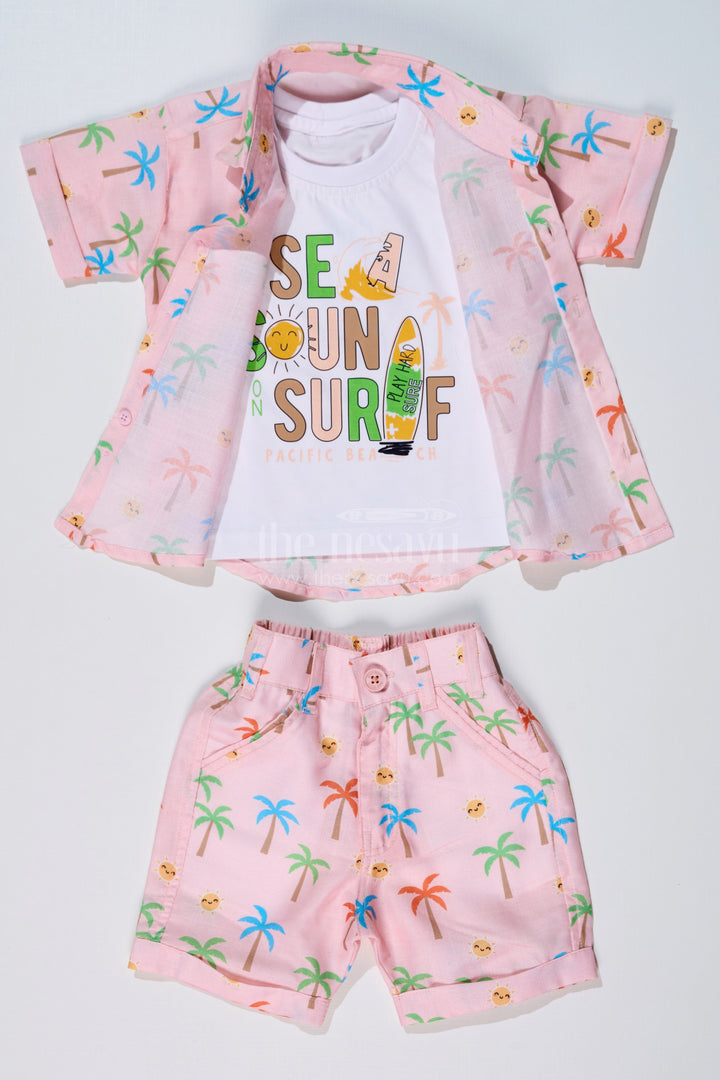 The Nesavu Boys Casual Set Boys Party Wear Casual Shirts with Tropical Printed Shorts and Surf Theme T-Shirt Nesavu Nesavu Boys Party Wear Casual Shirts Tropical Printed Shorts Surf Graphic T-Shirt