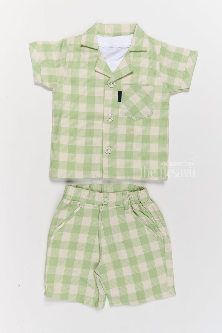 The Nesavu Boys Casual Set Boys Party Wear Dress with Green Checked Shirt, Matching Shorts, and Printed T-Shirt Nesavu 14 (6M) / Green BCS206B-14 Boys Party Wear Dress Green Checked Shirt Shorts Printed T-Shirt | The Nesavu