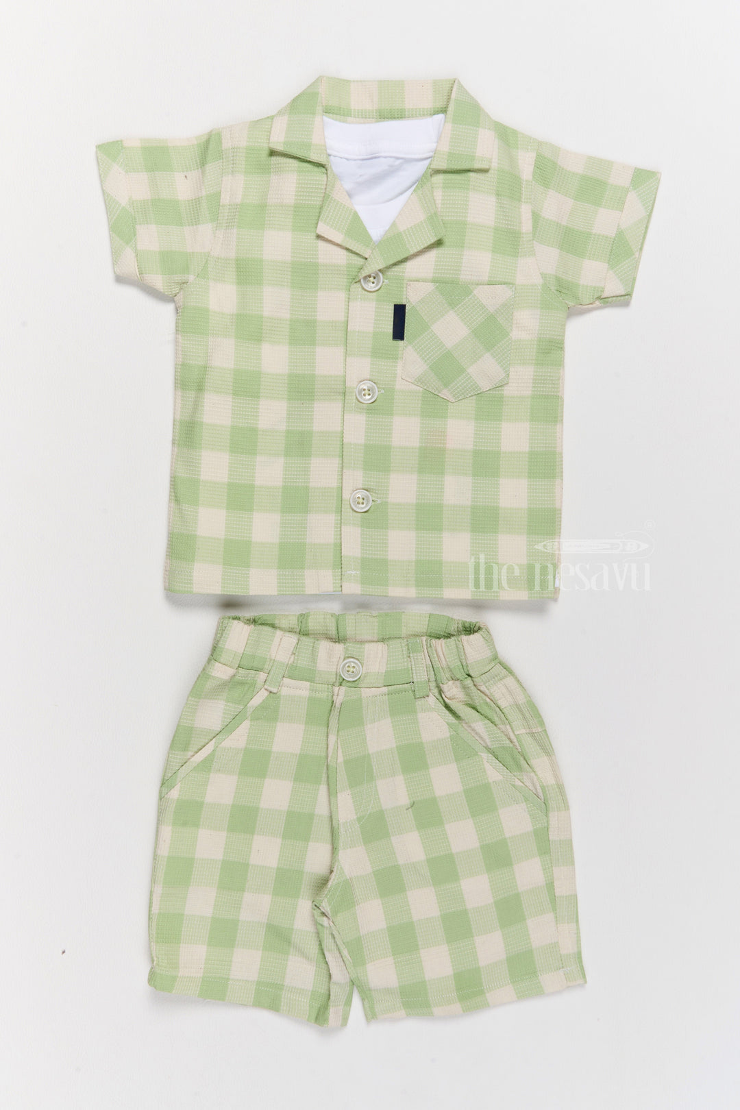 The Nesavu Boys Casual Set Boys Party Wear Dress with Green Checked Shirt, Matching Shorts, and Printed T-Shirt Nesavu 14 (6M) / Green BCS206B-14 Nesavu Boys Party Wear Dress Green Checked Shirt Shorts Printed T-Shirt
