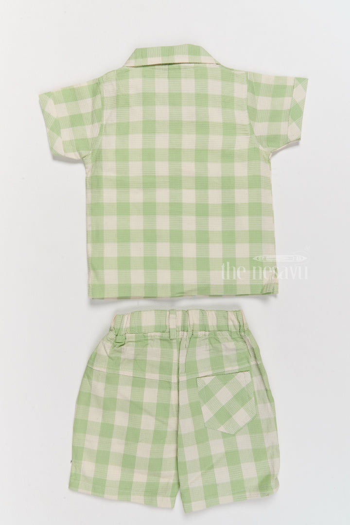 The Nesavu Boys Casual Set Boys Party Wear Dress with Green Checked Shirt, Matching Shorts, and Printed T-Shirt Nesavu Boys Party Wear Dress Green Checked Shirt Shorts Printed T-Shirt | The Nesavu