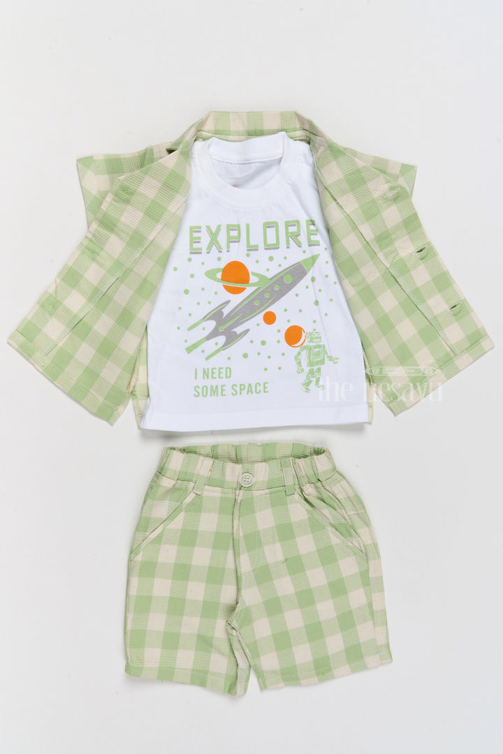 The Nesavu Boys Casual Set Boys Party Wear Dress with Green Checked Shirt, Matching Shorts, and Printed T-Shirt Nesavu Nesavu Boys Party Wear Dress Green Checked Shirt Shorts Printed T-Shirt
