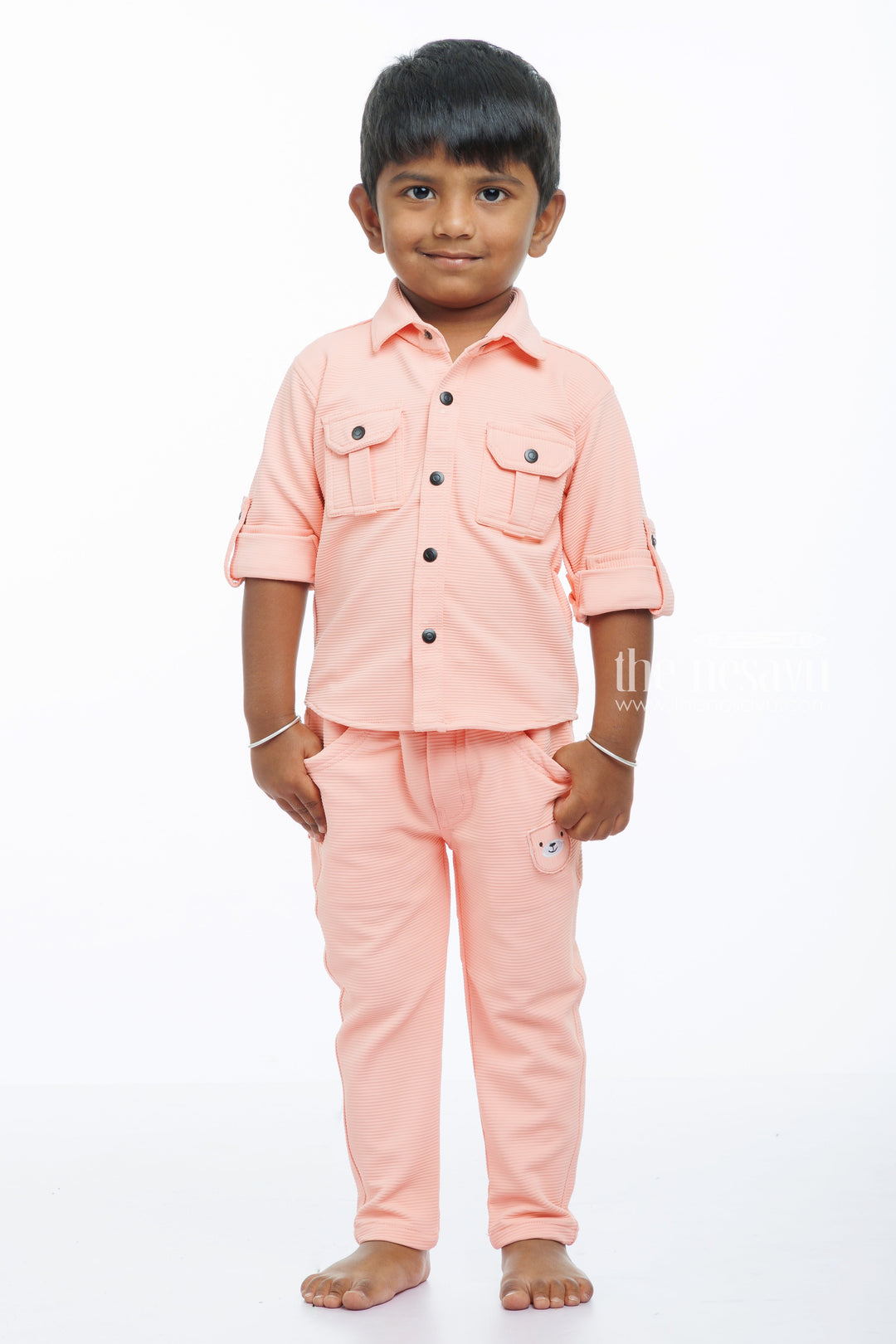 The Nesavu Boys Casual Set Boys Pastel Pink Shirt and Pant Set - Trendy and Comfortable Nesavu 14 (6M) / Pink / Knitted Lycra BES528C-14 Boys Chic Pastel Pink Casual Set | Ideal for Stylish Comfort | The Nesavu