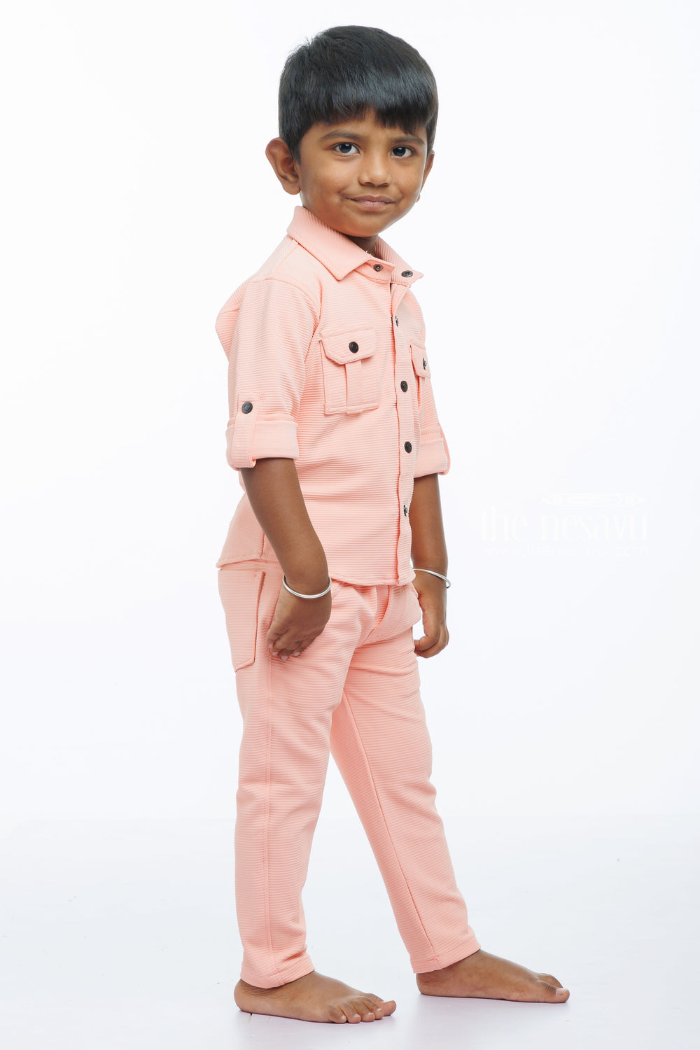The Nesavu Boys Casual Set Boys Pastel Pink Shirt and Pant Set - Trendy and Comfortable Nesavu Boys Chic Pastel Pink Casual Set | Ideal for Stylish Comfort | The Nesavu
