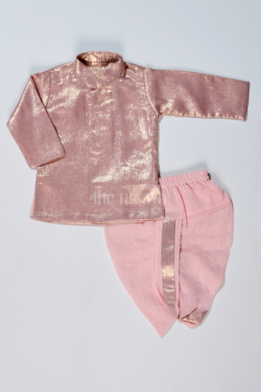 The Nesavu Boys Dothi Set Boys Pink and Gold Silk Dhoti Set with Shimmering Festive Kurta Nesavu 10 (NB) / Pink BES594F-10 Nesavu Boys Pink Gold Silk Dhoti Set Shimmering Festive Kurta