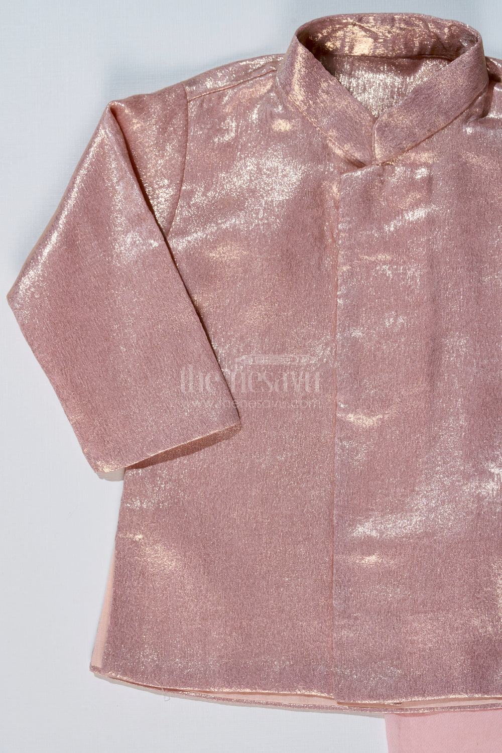 The Nesavu Boys Dothi Set Boys Pink and Gold Silk Dhoti Set with Shimmering Festive Kurta Nesavu Nesavu Boys Pink Gold Silk Dhoti Set Shimmering Festive Kurta