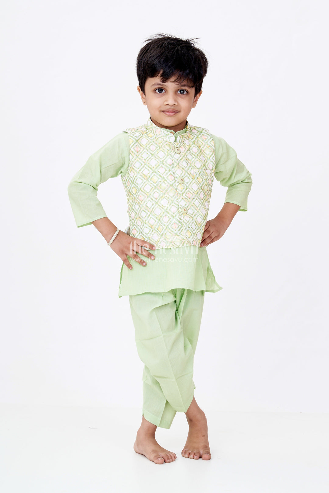 The Nesavu Boys Kurtha Set Boys Pista Green Kurta with Jacket Set in Silk Blend Featuring Geometric Festive Patterns Nesavu 12 (3M) / Green BES669A-12 Nesavu Boys Pista Green Silk Kurta Printed Jacket Pants Ethnic Festive Wear