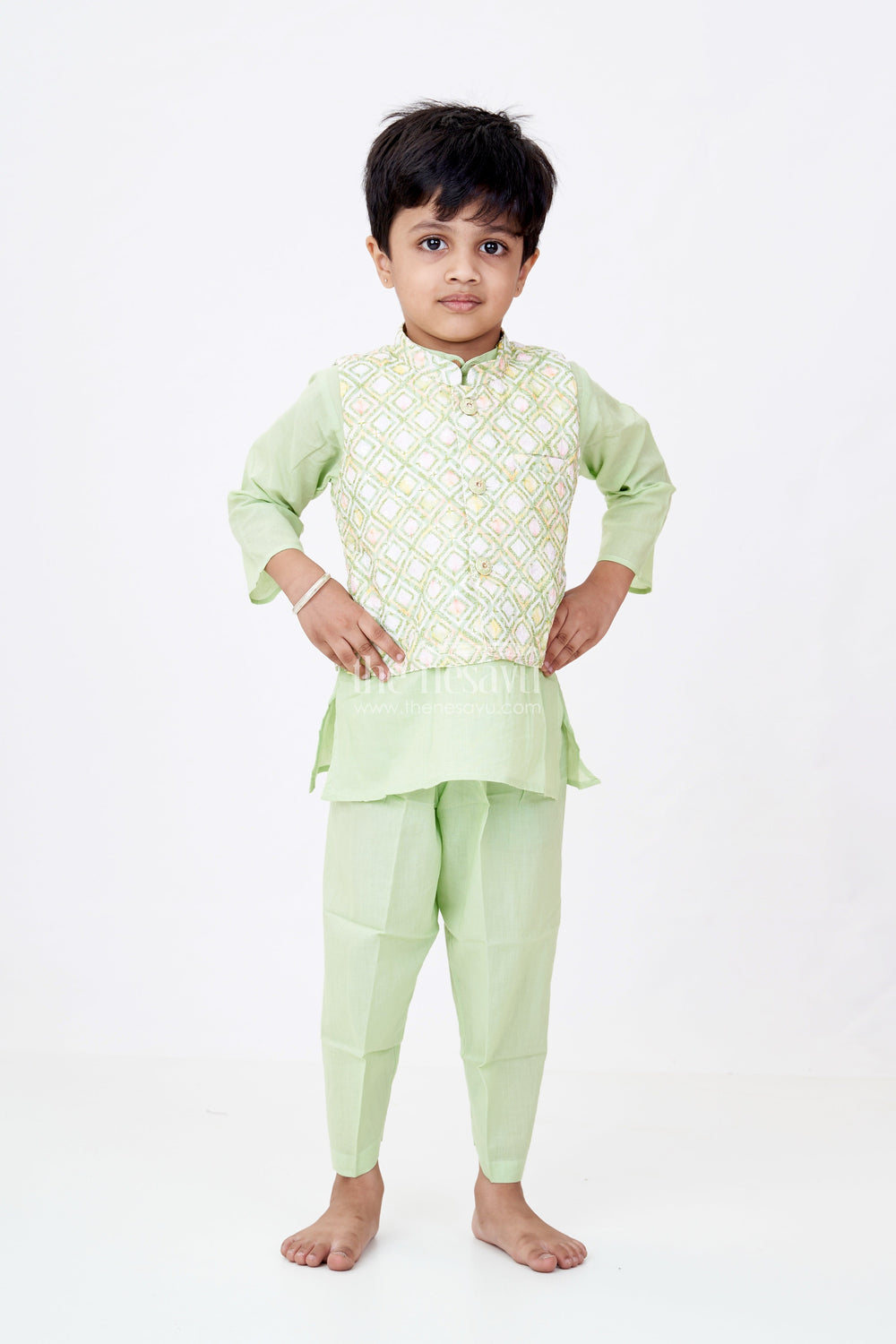 The Nesavu Boys Kurtha Set Boys Pista Green Kurta with Jacket Set in Silk Blend Featuring Geometric Festive Patterns Nesavu Nesavu Boys Pista Green Silk Kurta Printed Jacket Pants Ethnic Festive Wear