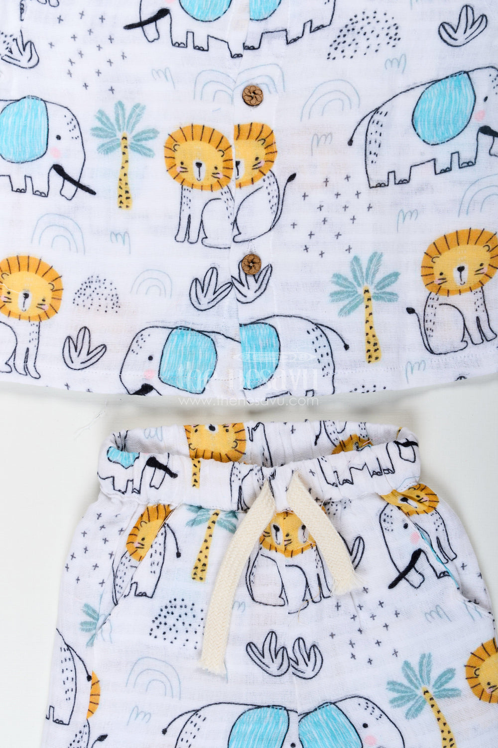 The Nesavu Boys Casual Set Boys Printed Casual Half Shirt Set with Elephant Safari Theme and Soft Muslin Fabric for Fun Daywear Nesavu Nesavu Boys Printed Casual Half Shirt and Shorts Set with Safari Elephant Design in Soft Muslin Fabric