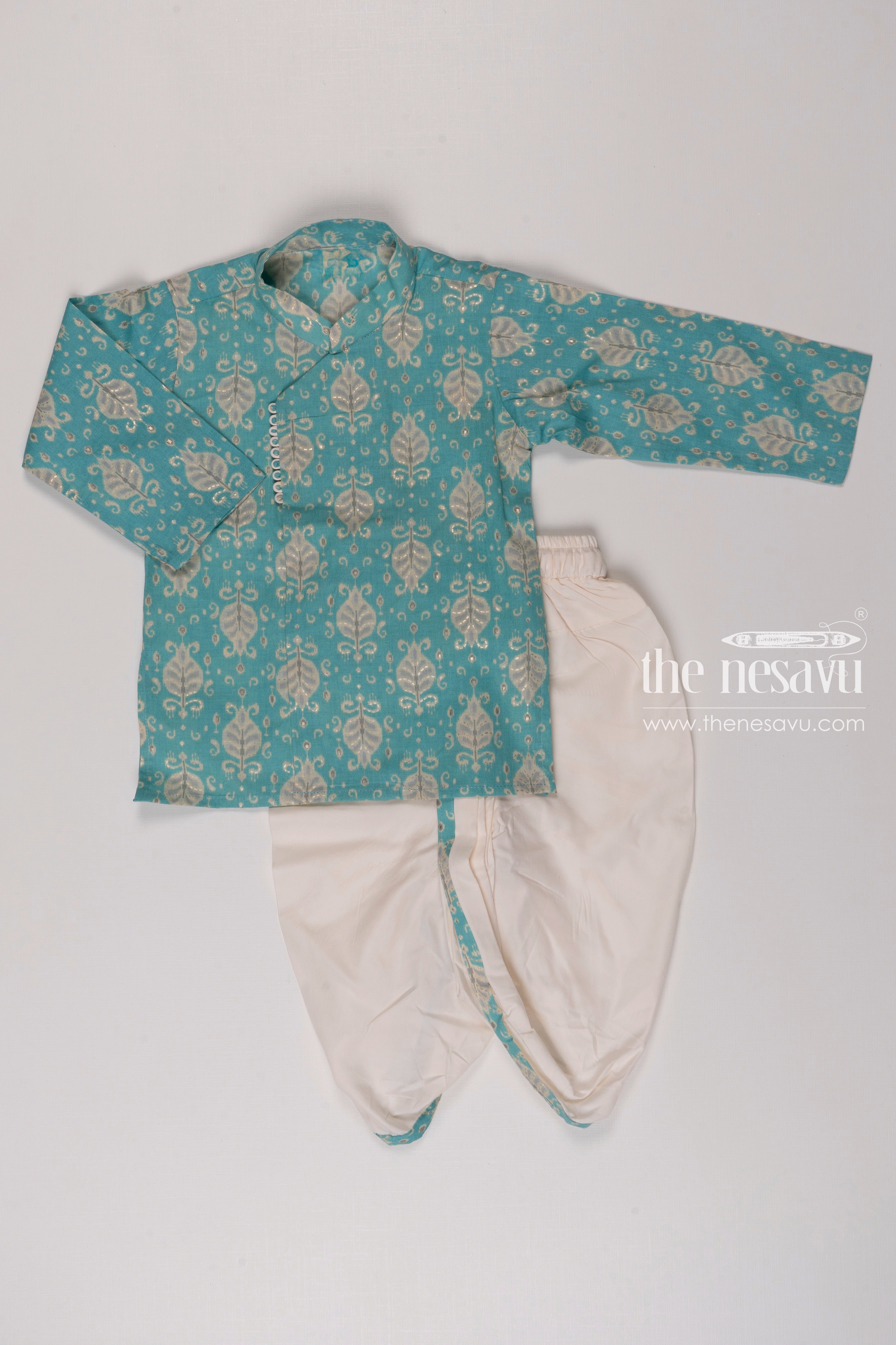 Babyhug Cambric Full Sleeves Kurta Dhoti Set With Leaf Print - Green