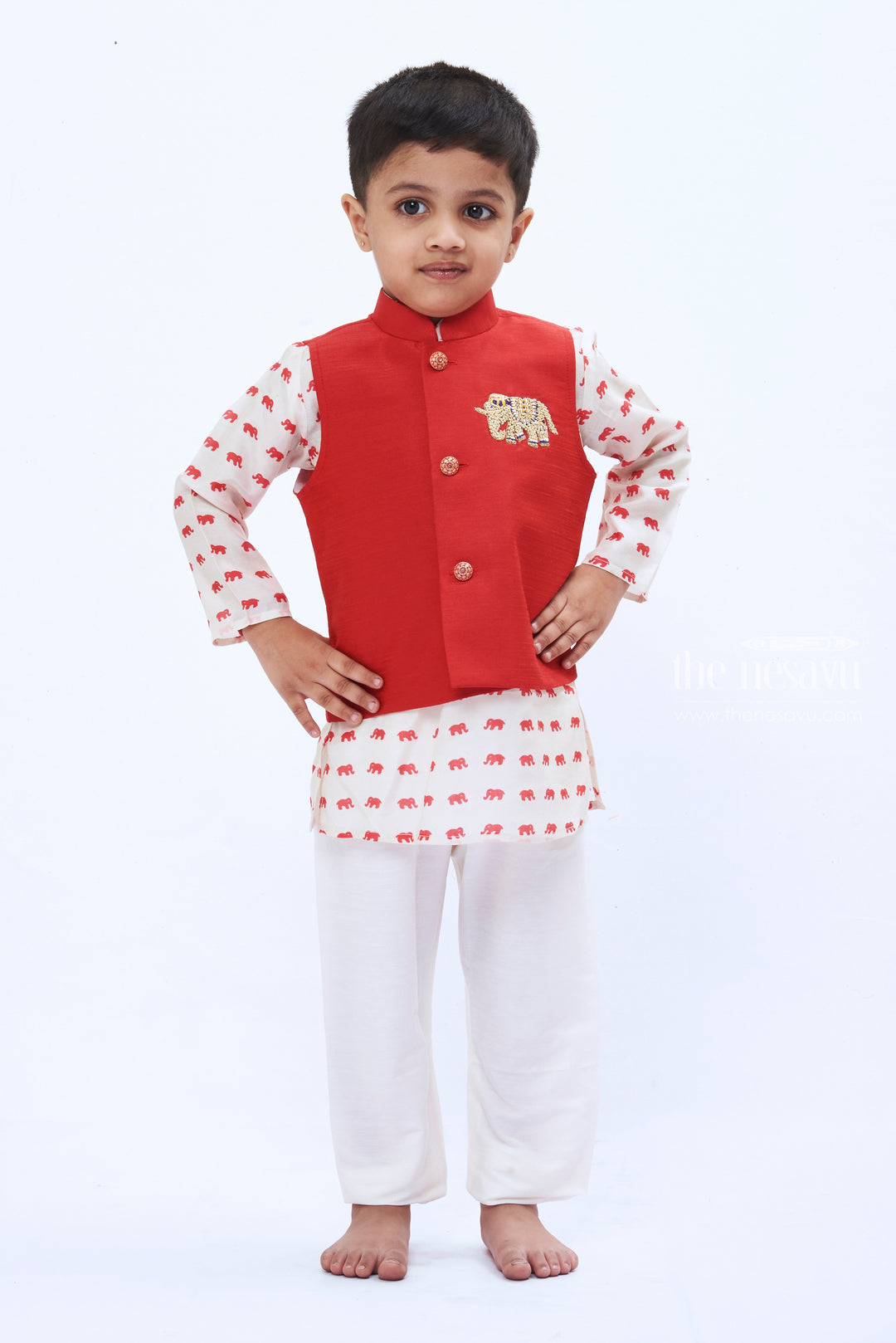 The Nesavu Boys Jacket Sets Boys Regal Maroon Overcoat Jacket with Elephant Print Kurta and Pant Set Nesavu 10 (NB) / Maroon / Muslin Silk BES382B-10 Boys Maroon Jacket Elephant Print Kurta Set | Festive Traditional Ensemble | The Nesavu