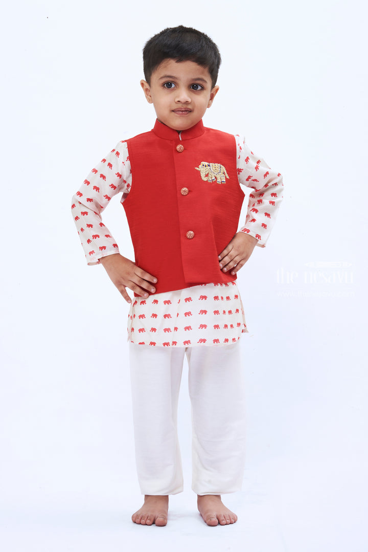 The Nesavu Boys Jacket Sets Boys Regal Maroon Overcoat Jacket with Elephant Print Kurta and Pant Set Nesavu 10 (NB) / Maroon / Muslin Silk BES382B-10 Boys Maroon Jacket Elephant Print Kurta Set | Festive Traditional Ensemble | The Nesavu