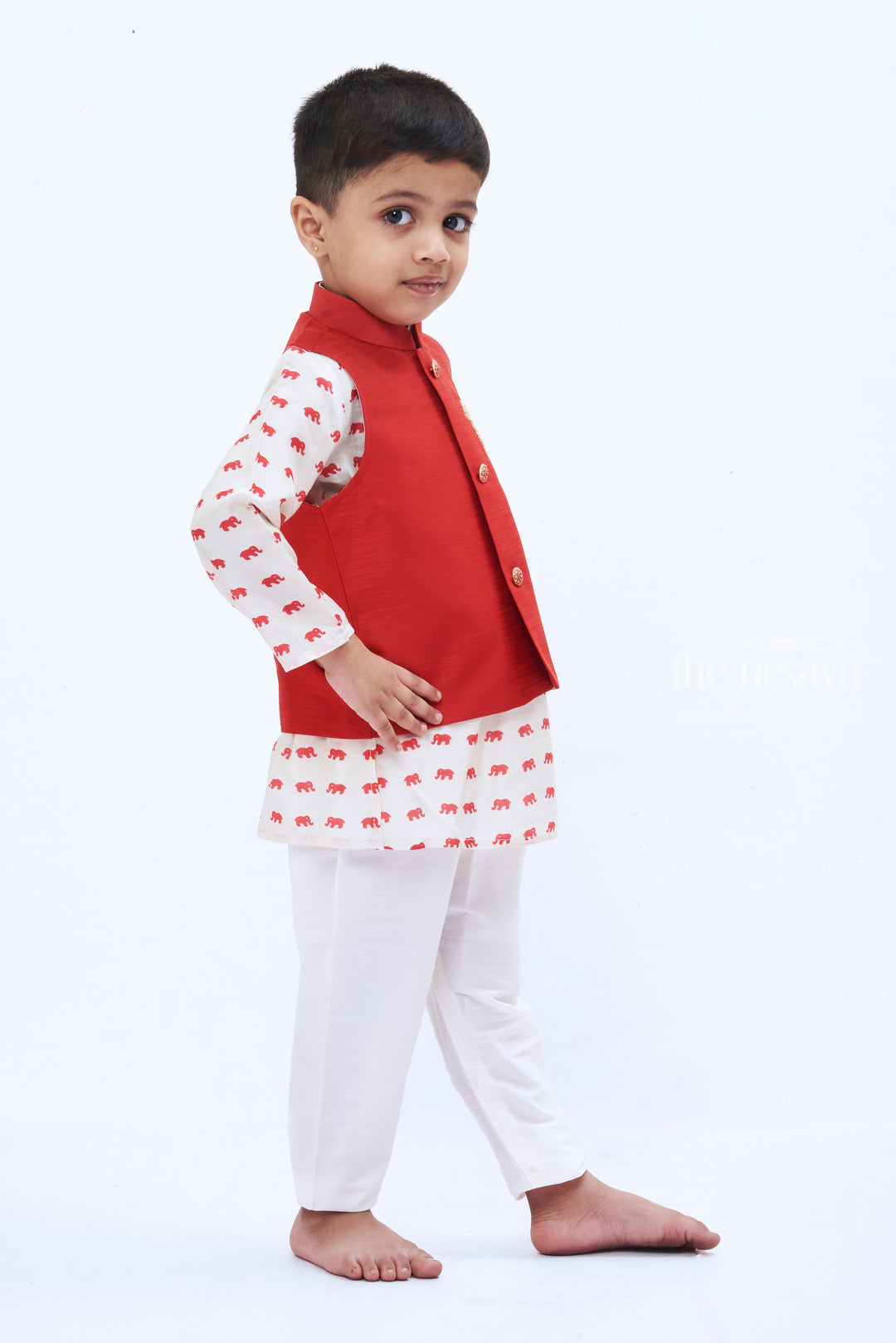 The Nesavu Boys Jacket Sets Boys Regal Maroon Overcoat Jacket with Elephant Print Kurta and Pant Set Nesavu Boys Maroon Jacket Elephant Print Kurta Set | Festive Traditional Ensemble | The Nesavu