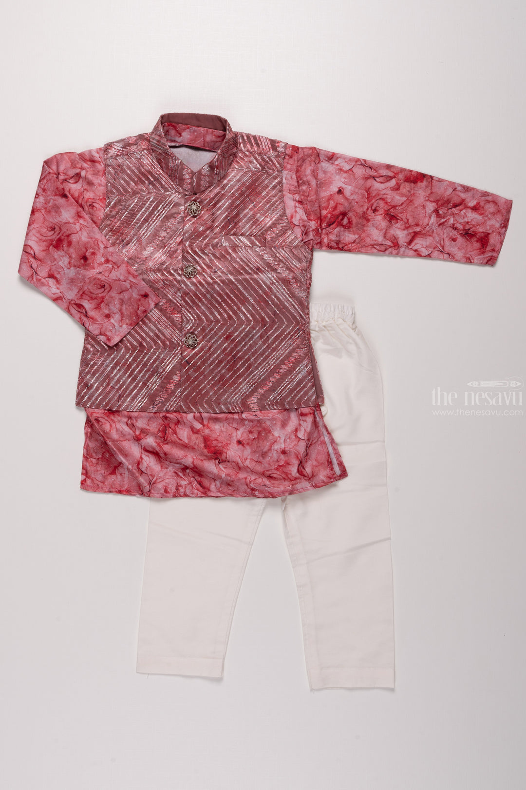 The Nesavu Boys Jacket Sets Boys Rose Quartz Kurta Overcoat & White Trousers Set with Intricate Brooch Accent Nesavu 14 (6M) / Pink / Blend Silk BES431B-14 Festive Elegance | Boys Kurta with Overcoat and Pant Set | The Nesavu