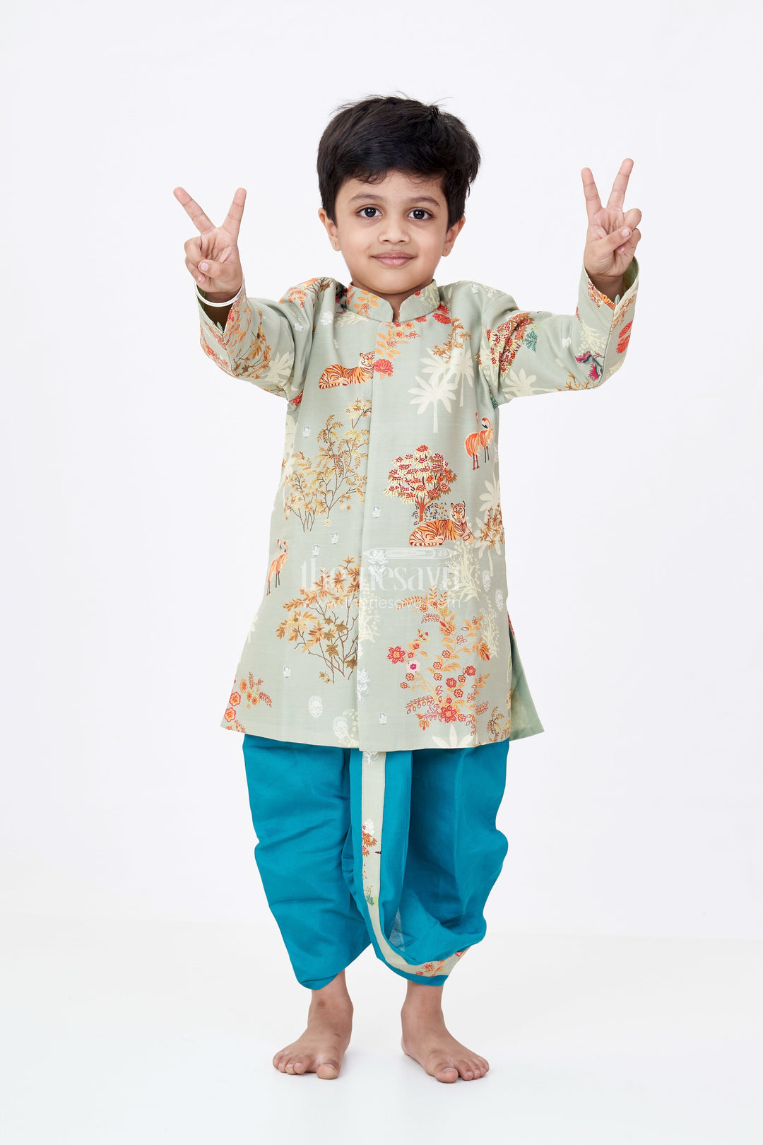 The Nesavu Boys Dothi Set Boys Silk Blend Traditional Ethnic Wear Set with Jungle-Themed Digital Print and Teal Dhoti Pants Nesavu 12 (3M) / Green BES670A-12 Nesavu Boys Traditional Ethnic Wear Set Jungle Digital Print Silk Kurta Teal Dhoti Pants