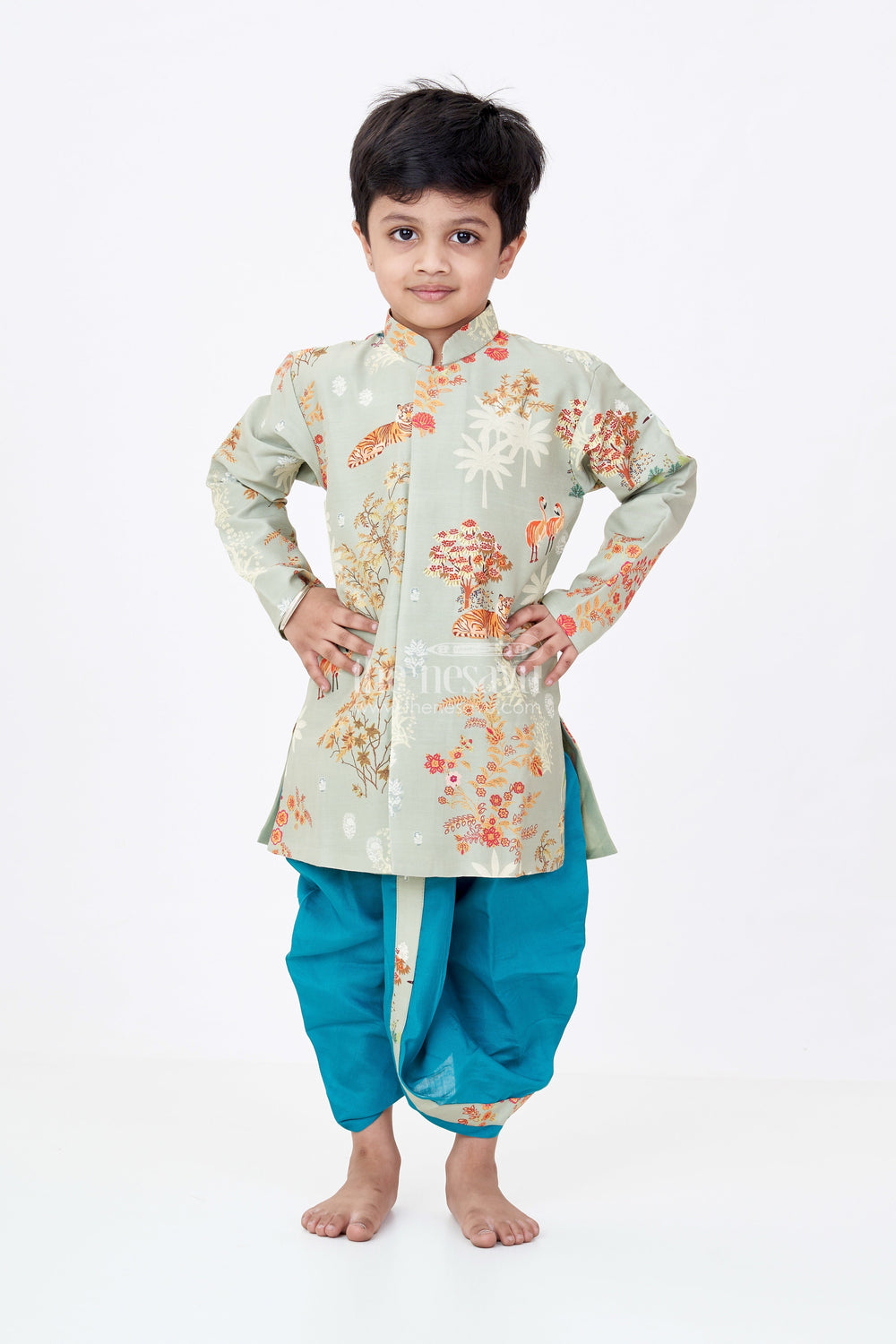 The Nesavu Boys Dothi Set Boys Silk Blend Traditional Ethnic Wear Set with Jungle-Themed Digital Print and Teal Dhoti Pants Nesavu Nesavu Boys Traditional Ethnic Wear Set Jungle Digital Print Silk Kurta Teal Dhoti Pants
