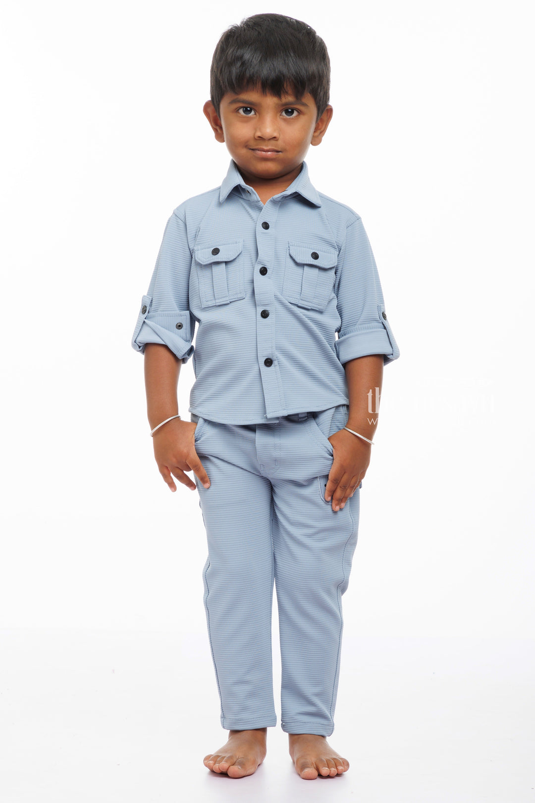 The Nesavu Boys Casual Set Boys Sleek Grey Shirt and Pant Set - Trendy Comfort Nesavu 14 (6M) / Gray / Knitted Lycra BES528A-14 Cool Grey Boys Casual Shirt  Pant Set | Versatile Style for Every Occasion | The Nesavu