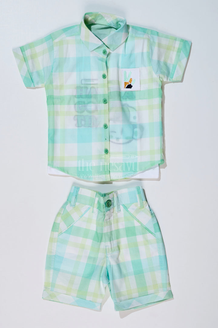 The Nesavu Boys Casual Set Boys Smart Casual Shirts with Checked Shorts and Graphic T-Shirt for Everyday Wear Nesavu 16 (1Y) / Green BCS214A-16 Nesavu Boys Smart Casual Shirt Set Checked Shorts Printed T-Shirt
