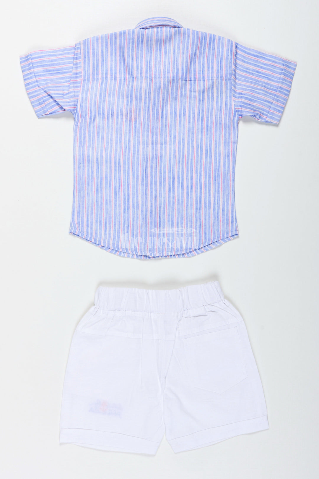 The Nesavu Boys Casual Set Boys Striped Cotton Shirt and White Shorts Set for Smart Casual Wear Nesavu Nesavu Boys Striped Cotton Shirt Embroidered White Shorts Set Travel Smart Dressing