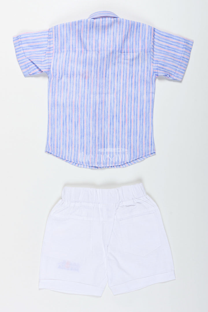 The Nesavu Boys Casual Set Boys Striped Cotton Shirt and White Shorts Set for Smart Casual Wear Nesavu Nesavu Boys Striped Cotton Shirt Embroidered White Shorts Set Travel Smart Dressing