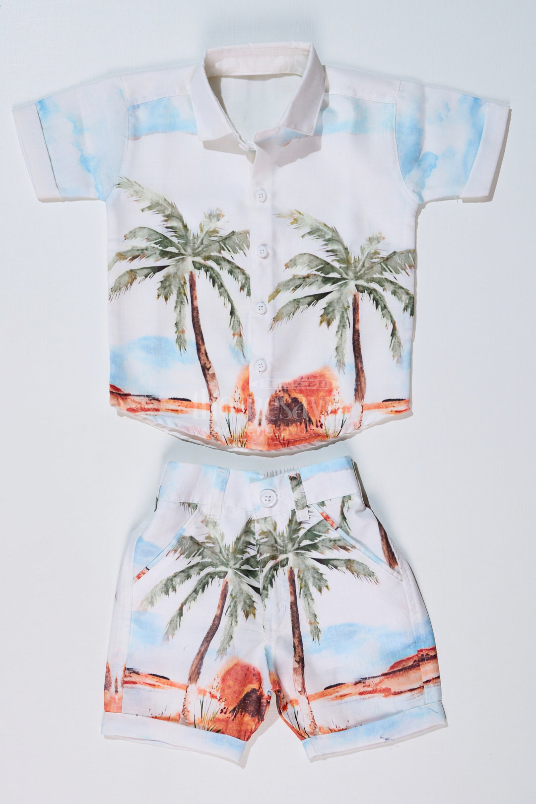 The Nesavu Boys Casual Set Boys Stylish Casual Shirts with Palm Tree Print and Matching Beach Shorts Nesavu 16 (1Y) / White BCS216A-16 Nesavu Boys Stylish Casual Shirts Palm Tree Print Matching Beach Shorts