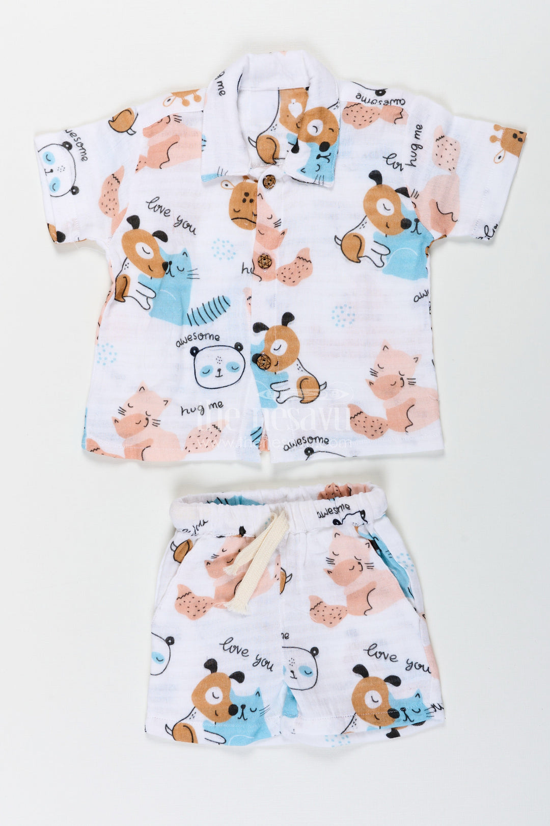 The Nesavu Boys Casual Set Boys Stylish Solid Casual Shirt Set with Adorable Animal Prints and Soft Muslin Fabric for Everyday Adventures Nesavu 14 (6M) / White BCS237A-14 Nesavu Boys Stylish Solid Casual Shirt and Shorts with Playful Animal Prints in Soft Muslin Fabric
