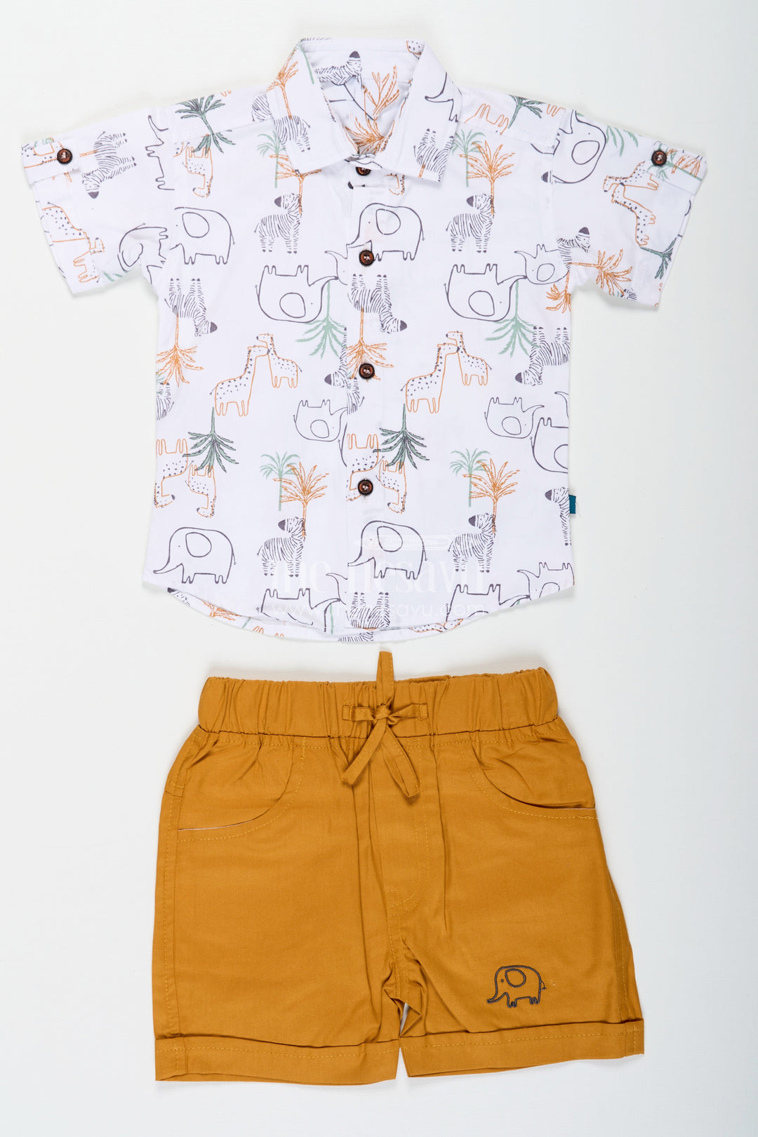The Nesavu Boys Casual Set Boys Summer Casual Clothes Set with Animal Digital Print Shirt and Mustard Shorts in Cool Cotton Nesavu 14 (6M) / White BCS247A-14 Nesavu Boys Summer Casual Clothes Set Animal Print Cotton Shirt Mustard Shorts