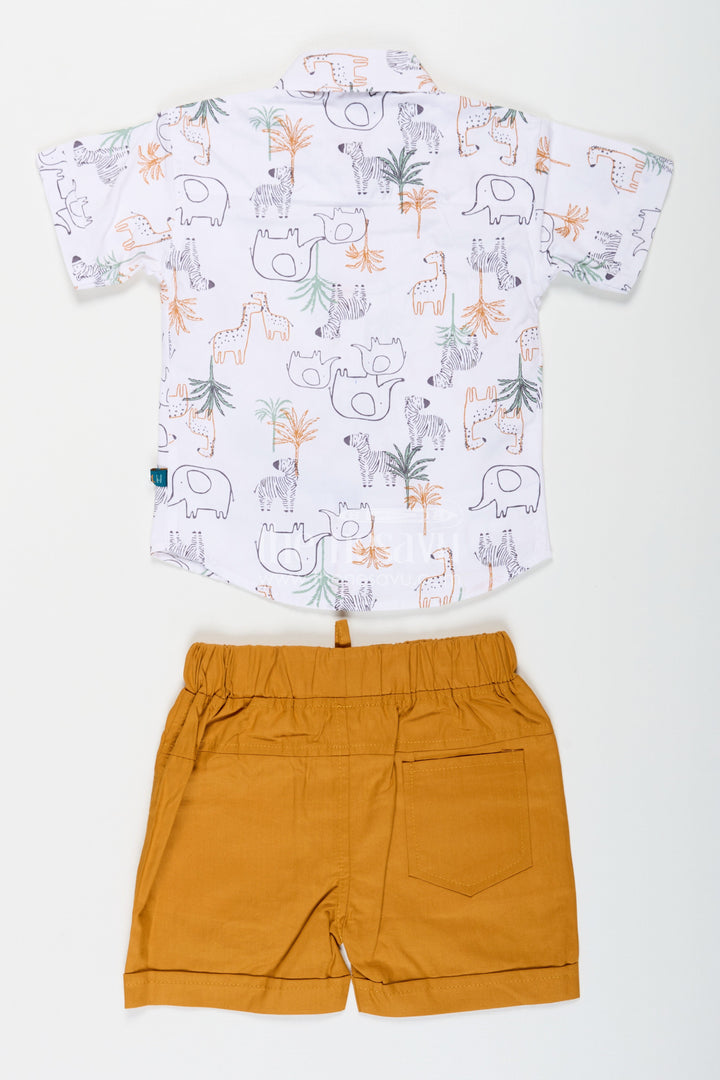 The Nesavu Boys Casual Set Boys Summer Casual Clothes Set with Animal Digital Print Shirt and Mustard Shorts in Cool Cotton Nesavu Nesavu Boys Summer Casual Clothes Set Animal Print Cotton Shirt Mustard Shorts