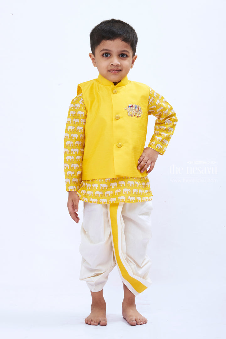 The Nesavu Boys Dothi Set Boys Sunny Yellow Overcoat Kurta with Dhoti Set Nesavu 12 (3M) / Yellow / Muslin Silk BES387D-12 Boys Yellow Kurta Dhoti Set with Elephant Print | Festive Ethnic Attire | The Nesavu