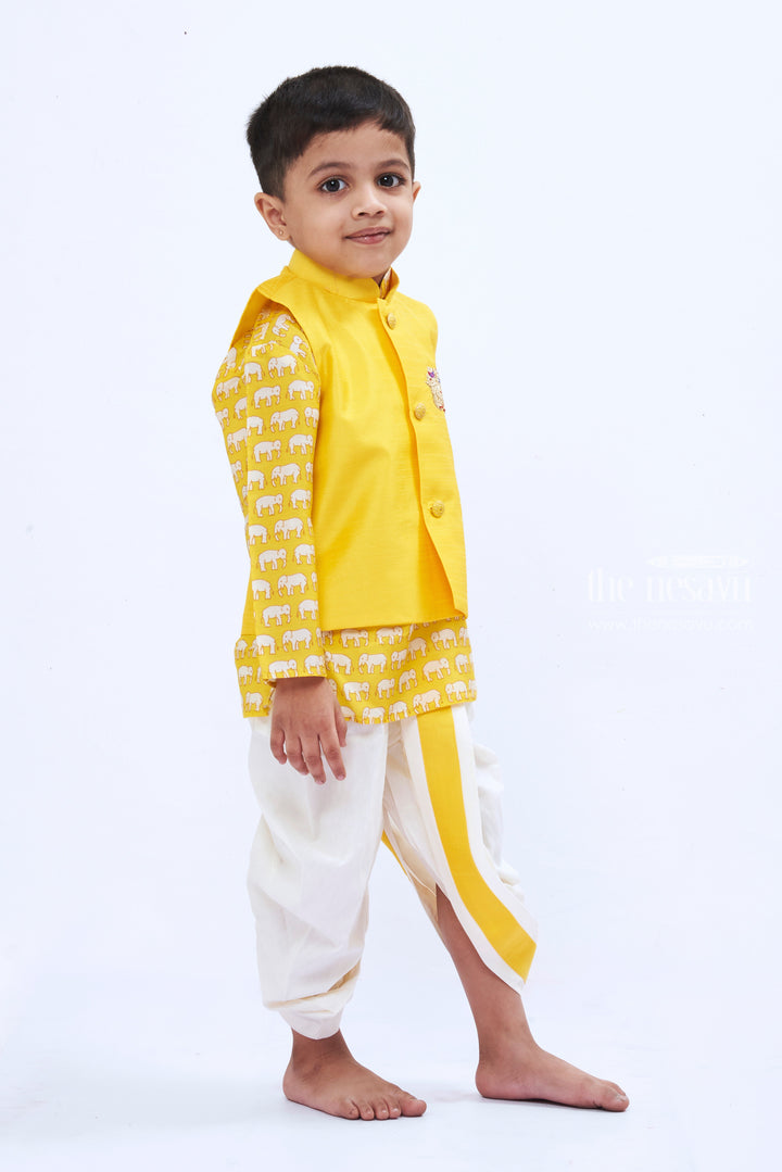 The Nesavu Boys Dothi Set Boys Sunny Yellow Overcoat Kurta with Dhoti Set Nesavu Boys Yellow Kurta Dhoti Set with Elephant Print | Festive Ethnic Attire | The Nesavu