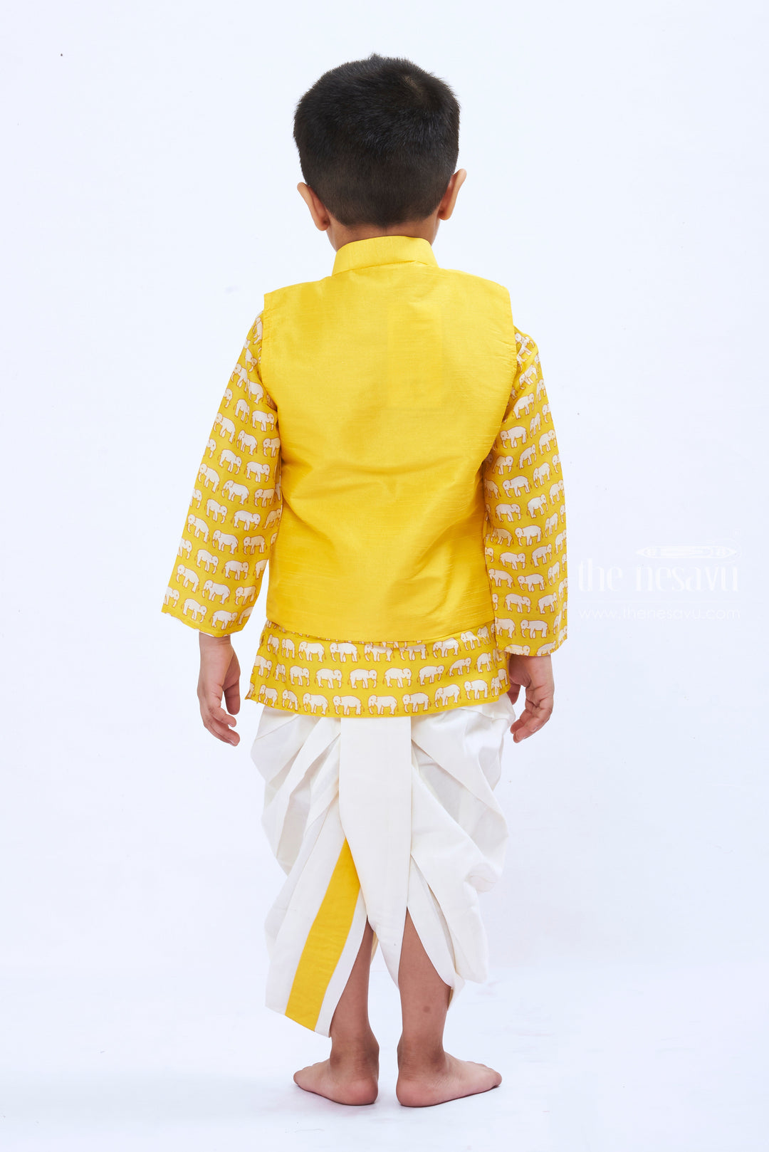 The Nesavu Boys Dothi Set Boys Sunny Yellow Overcoat Kurta with Dhoti Set Nesavu Boys Yellow Kurta Dhoti Set with Elephant Print | Festive Ethnic Attire | The Nesavu