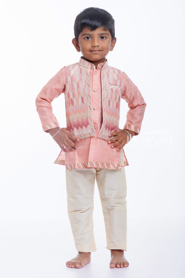 The Nesavu Boys Jacket Sets Boys Traditional Chevron Jacket and Cream Kurta Pant Set Nesavu 14 (6M) / Pink / Blend Silk BES523A-14 Boys Ethnic Wear Chevron Jacket Kurta Set | Festive  Wedding Attire | The Nesavu