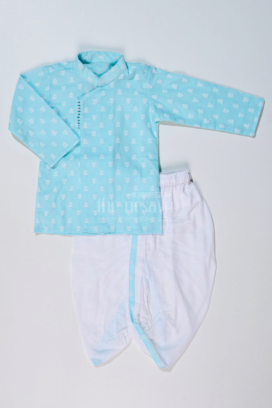 The Nesavu Boys Dothi Set Boys Traditional Dhoti Kurta in Sky Blue Chikankari Cotton with White Dhoti Nesavu 16 (1Y) / Blue BES630D-16 Nesavu Boys Sky Blue Traditional Chikankari Dhoti Kurta Festive Celebrations