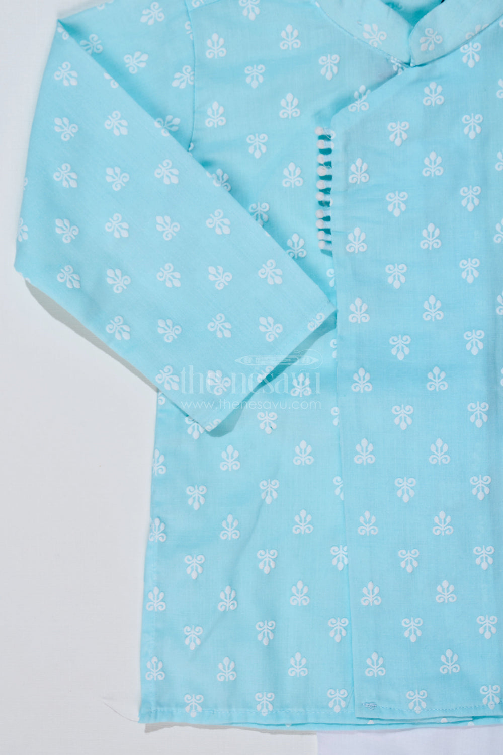 The Nesavu Boys Dothi Set Boys Traditional Dhoti Kurta in Sky Blue Chikankari Cotton with White Dhoti Nesavu Nesavu Boys Sky Blue Traditional Chikankari Dhoti Kurta Festive Celebrations