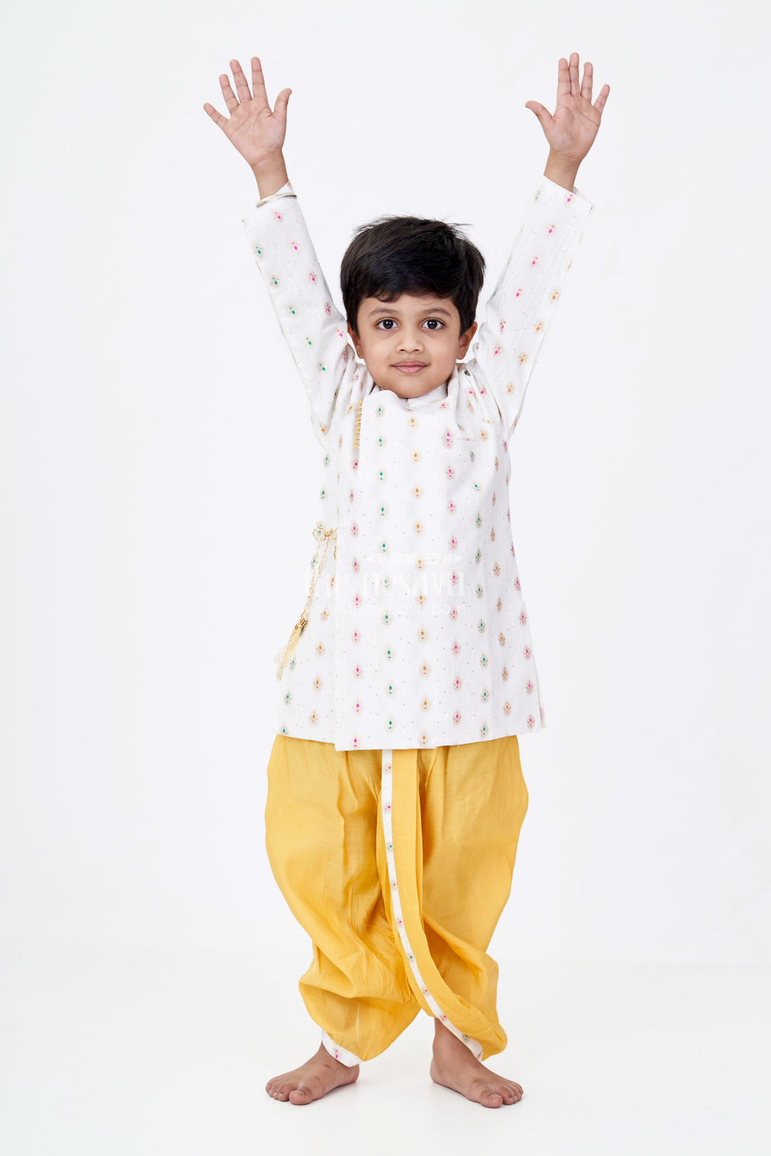 The Nesavu Boys Dothi Set Boys Traditional Dhoti Kurta in White and Yellow with Embroidered Silk Jacket Nesavu 18 (2Y) / White BES628A-18 Nesavu Boys Silk Dhoti Kurta White Embroidered Jacket Yellow Dhoti