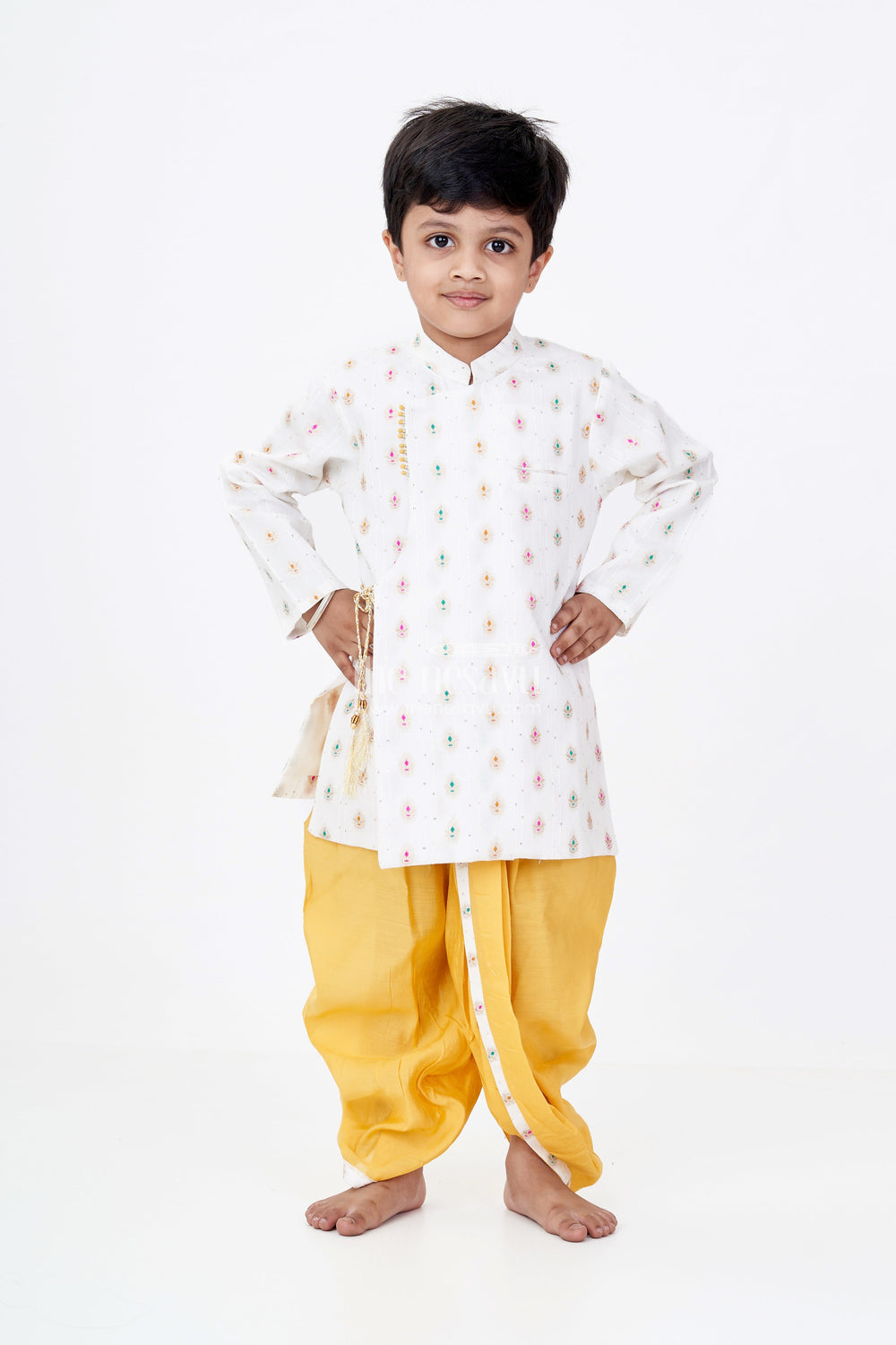 The Nesavu Boys Dothi Set Boys Traditional Dhoti Kurta in White and Yellow with Embroidered Silk Jacket Nesavu Nesavu Boys Silk Dhoti Kurta White Embroidered Jacket Yellow Dhoti