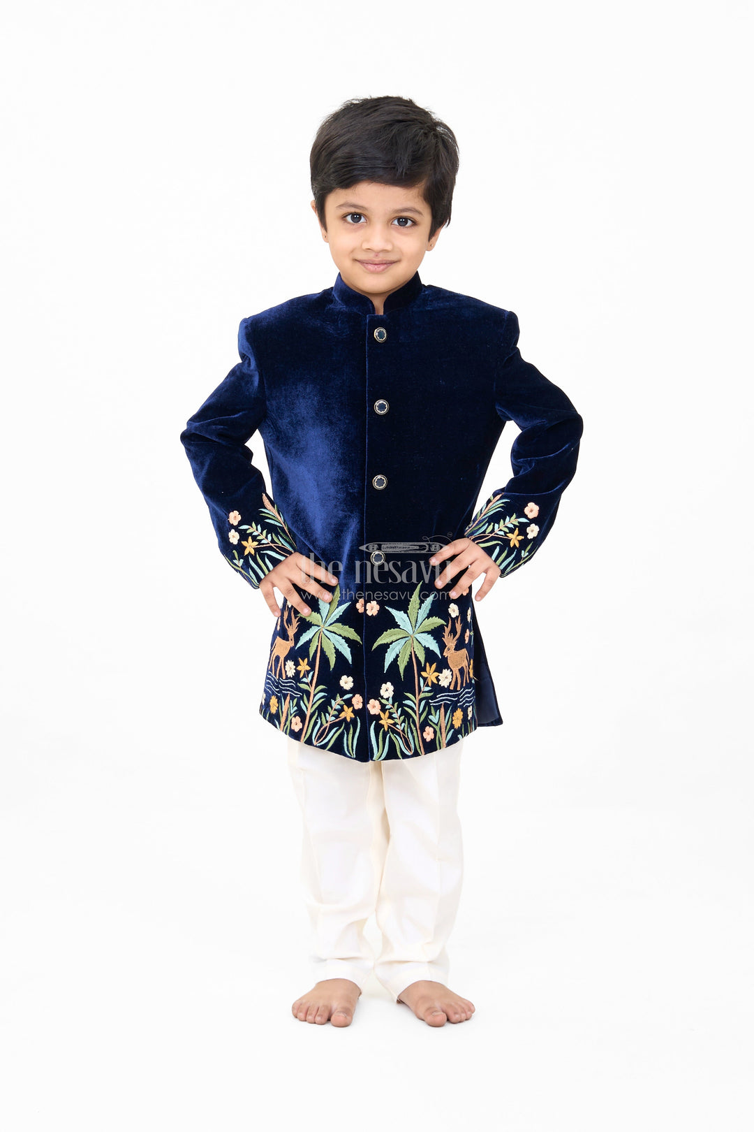 The Nesavu Boys Kurtha Set Boys Velvet Kurta Set with Embroidered Jacket and Cream Pants Nesavu 16 (1Y) / Blue BES620A-16 Nesavu Boys Velvet Kurta Set Embroidered Jacket Cream Pants Weddings