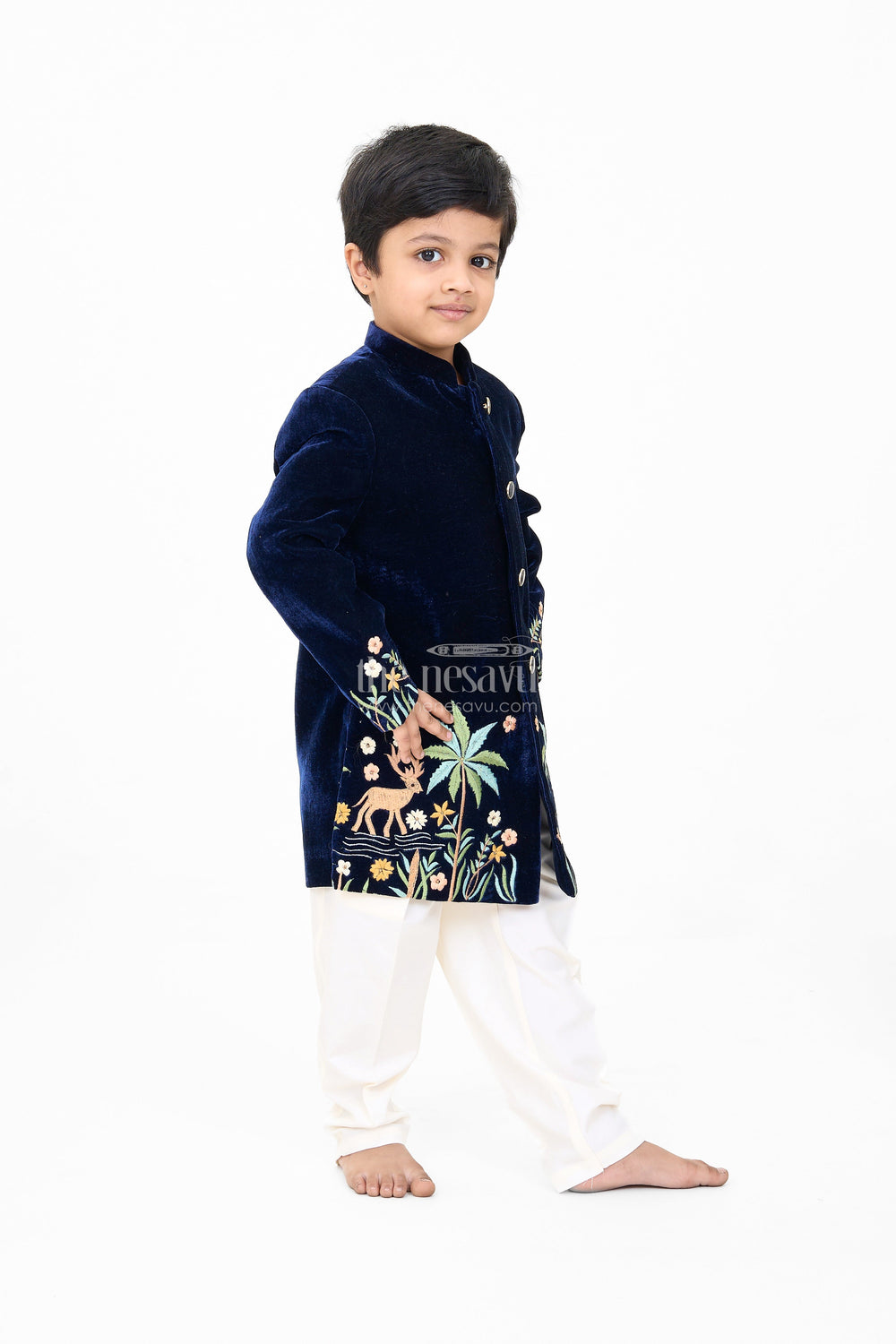 The Nesavu Boys Kurtha Set Boys Velvet Kurta Set with Embroidered Jacket and Cream Pants Nesavu Nesavu Boys Velvet Kurta Set Embroidered Jacket Cream Pants Weddings