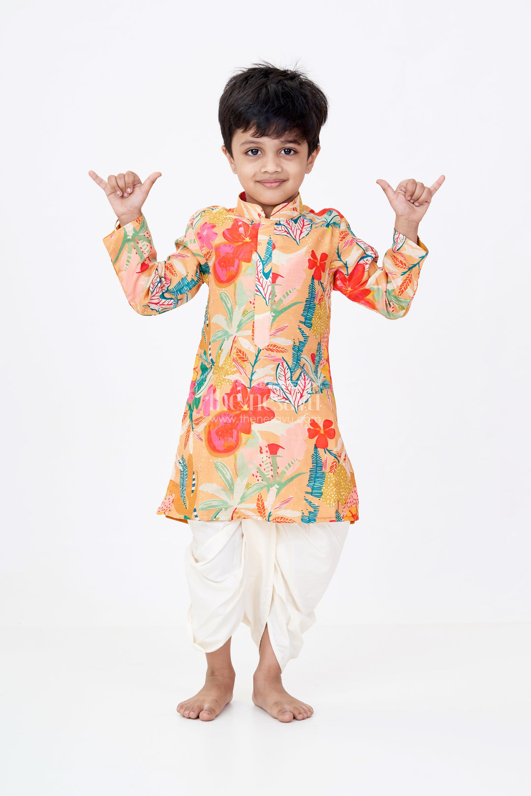 The Nesavu Boys Dothi Set Boys Viscose Cotton Modern Dhoti Kurta Set with Colorful Floral Digital Print Nesavu 16 (1Y) / Yellow BES676A-16 Nesavu Boys Modern Dhoti Kurta Floral Digital Print Viscose Cotton Blend Traditional Touch