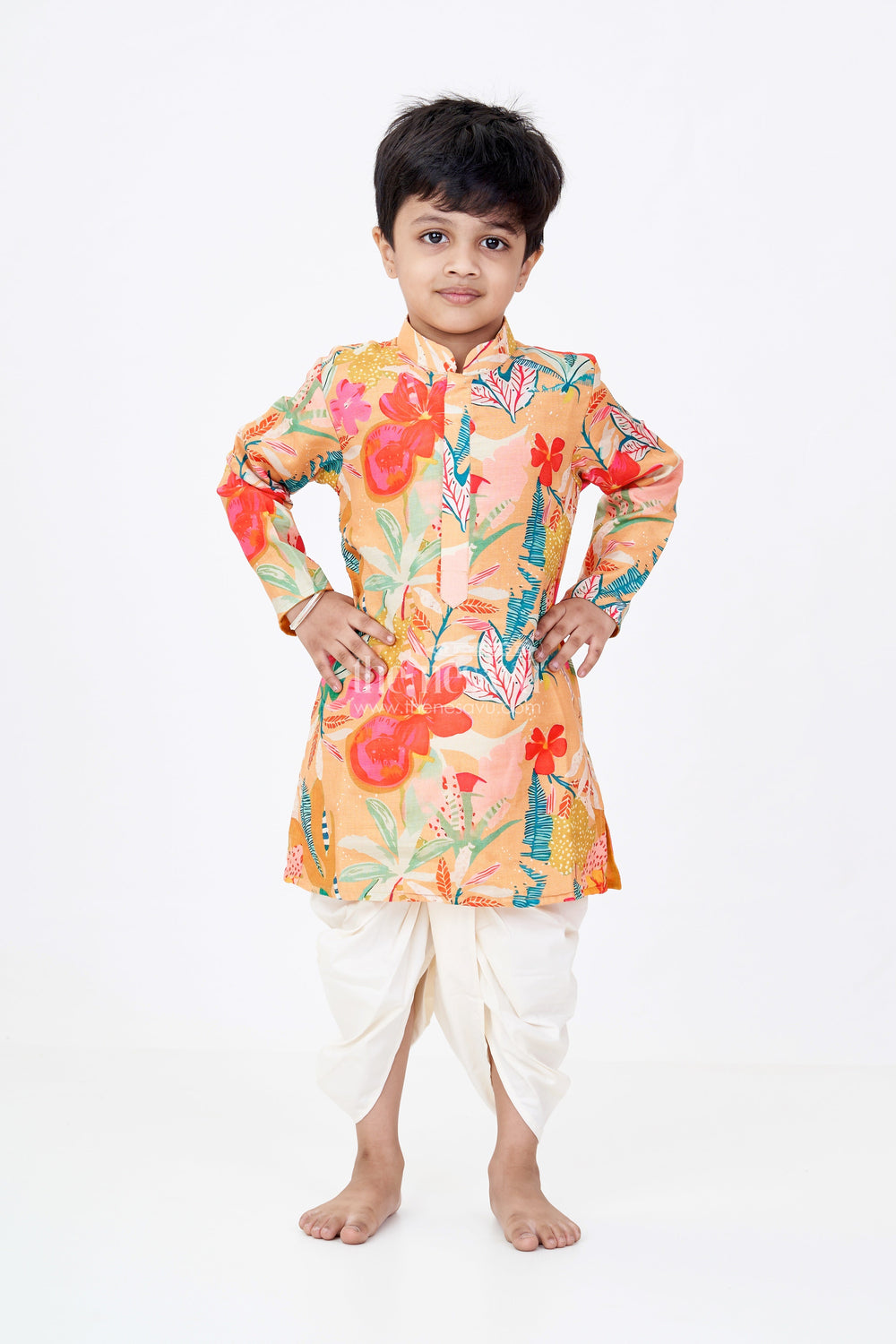 The Nesavu Boys Dothi Set Boys Viscose Cotton Modern Dhoti Kurta Set with Colorful Floral Digital Print Nesavu Nesavu Boys Modern Dhoti Kurta Floral Digital Print Viscose Cotton Blend Traditional Touch