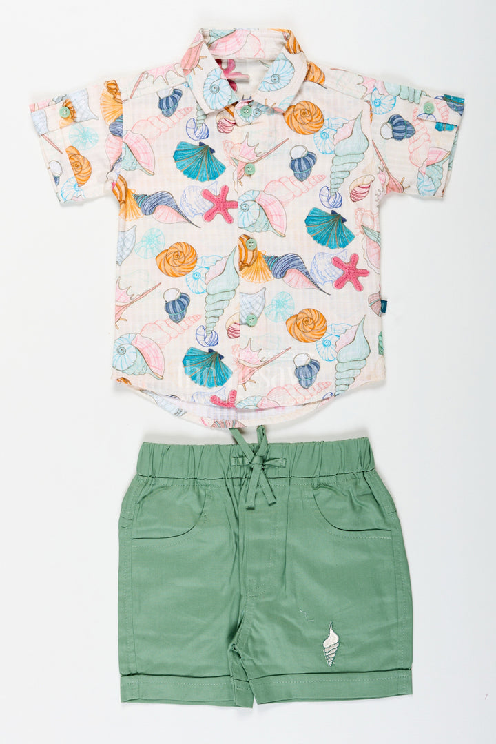 The Nesavu Boys Casual Set Boys Western Dress Casual Cotton Set with Seashell Printed Shirt and Olive Green Shorts Nesavu Nesavu Boys Western Dress Casual Set Seashell Print Shirt Olive Green Cotton Shorts