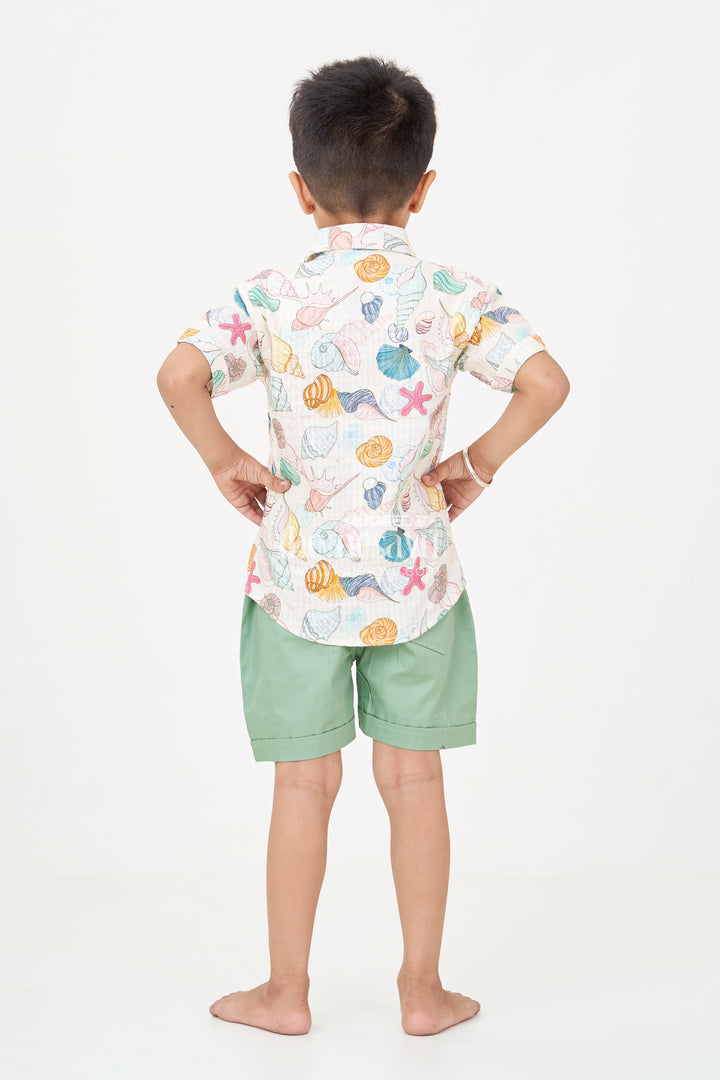 The Nesavu Boys Casual Set Boys Western Dress Casual Cotton Set with Seashell Printed Shirt and Olive Green Shorts Nesavu Nesavu Boys Western Dress Casual Set Seashell Print Shirt Olive Green Cotton Shorts