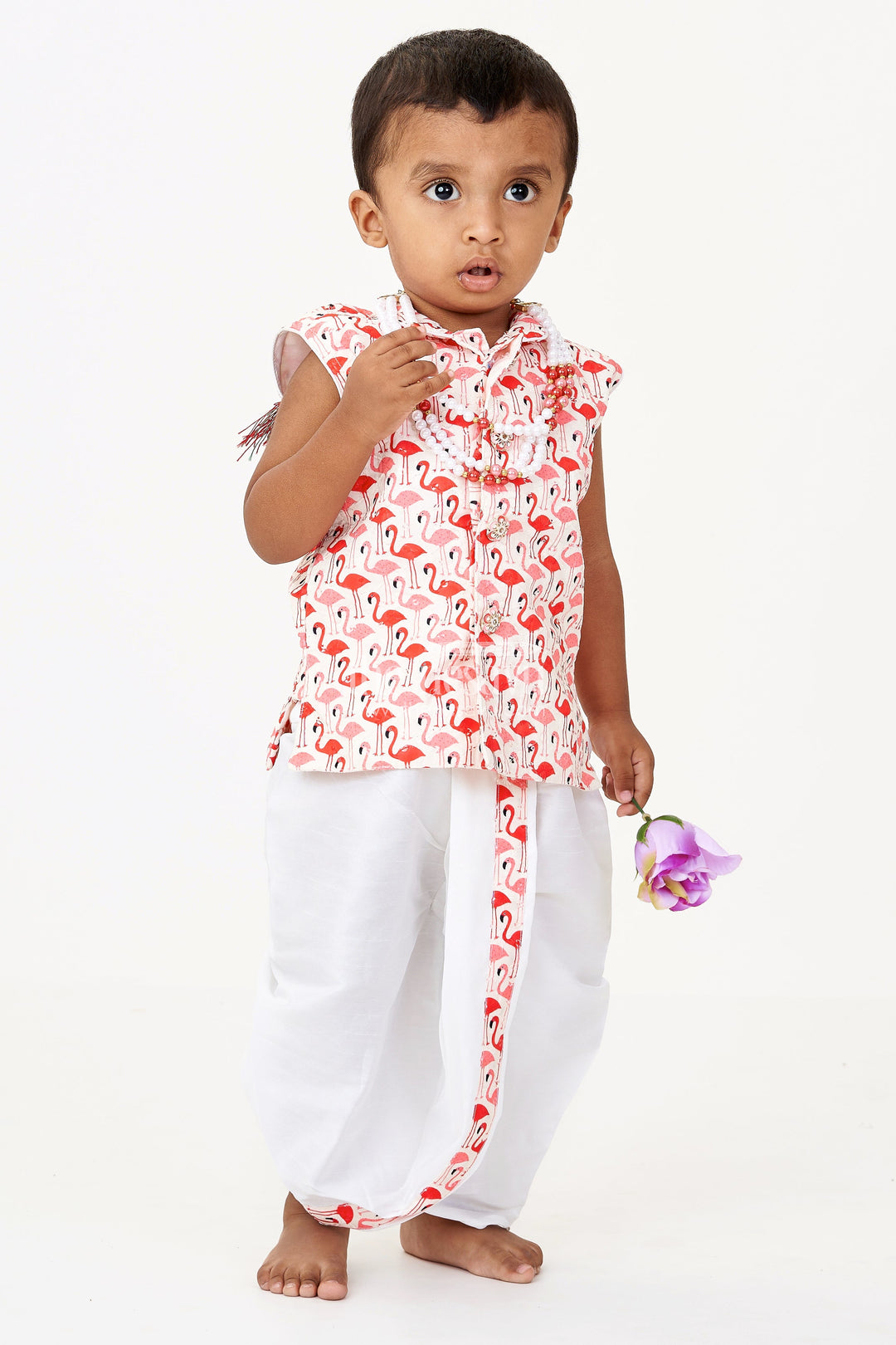 The Nesavu Boys Dothi Set Boys White Dothi Set with Red Flamingo Print Jacket in Cotton Blend Fabric Nesavu 12 (3M) / Red BES684B-12 Nesavu Boys White Dothi Set Red Flamingo Print Jacket Cotton Blend