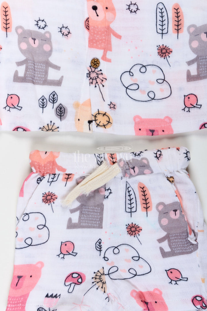 The Nesavu Boys Casual Set Boys White Short Sleeve Casual Shirt Set with Bear and Nature Print in Lightweight Muslin for Playful Outfits Nesavu Nesavu Boys White Short Sleeve Casual Shirt Set with Bear Print and Soft Muslin Fabric for Comfortable Outings