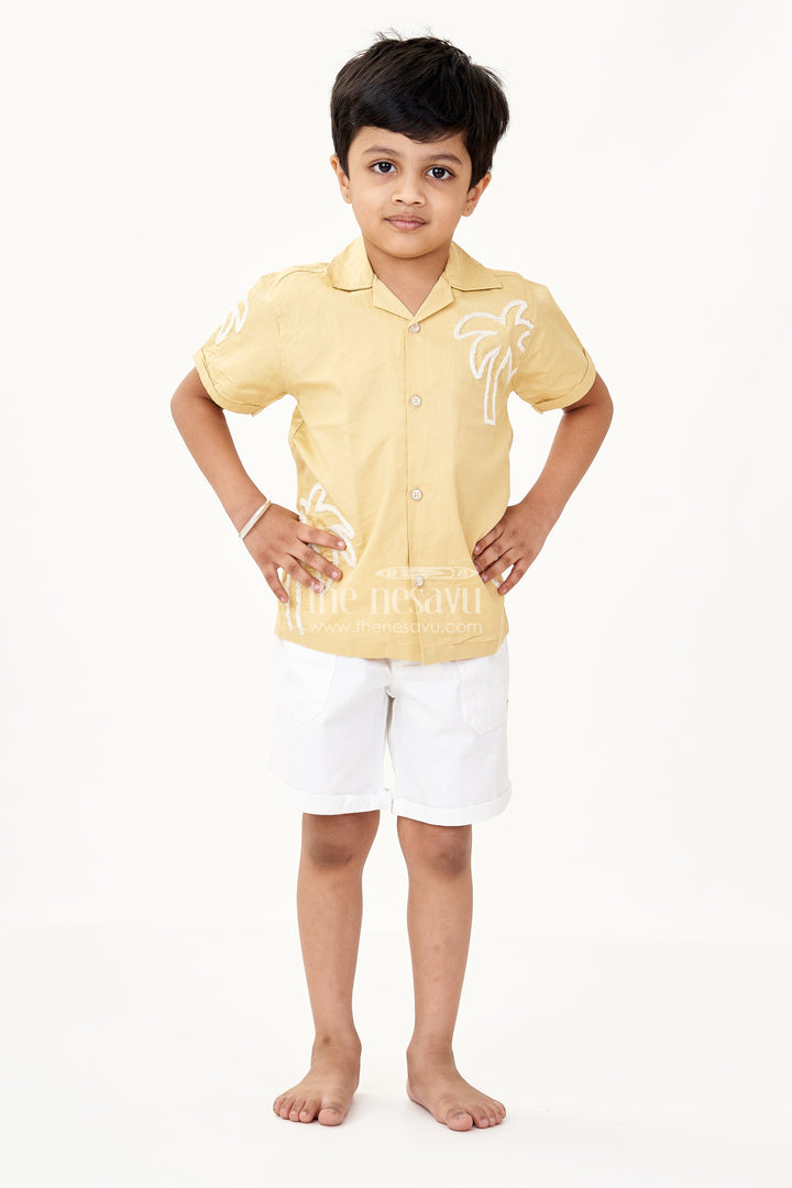 The Nesavu Boys Casual Set Boys Yellow Cotton Casual Two Piece Short Set with Chenille Embroidery and White Drawstring Shorts Nesavu 20 (3Y) / Yellow BCS221B-20 Nesavu Boys Yellow Chenille Embroidered Cotton Shirt Shorts Set Casual Two Piece Summer Look