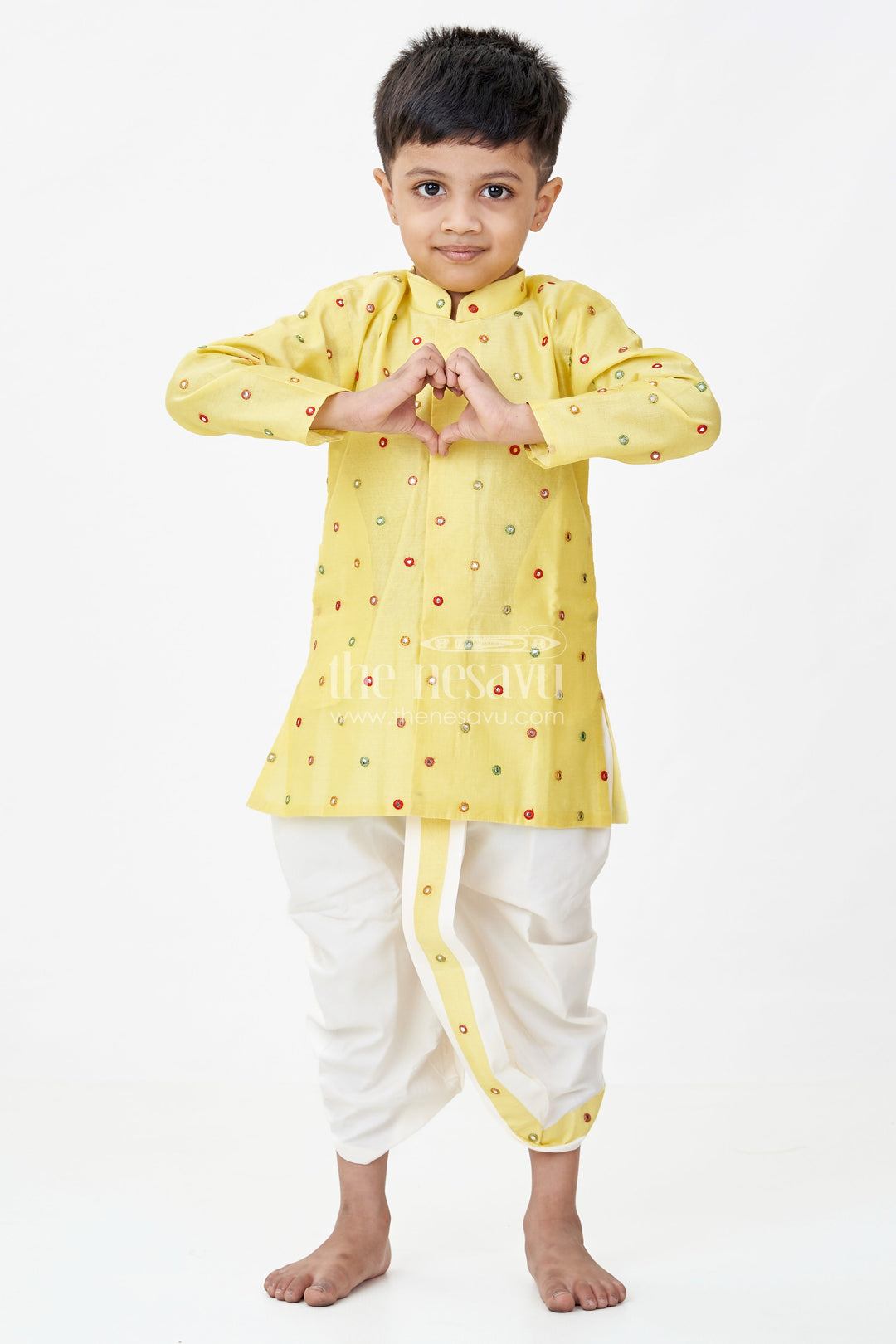 The Nesavu Boys Dothi Set Boys Yellow Dhoti Style Dress in Chanderi with Embroidered Accents Nesavu 10 (NB) / Yellow BES595C-10 Nesavu Boys Yellow Chanderi Dhoti Style Outfit Festive Embroidery