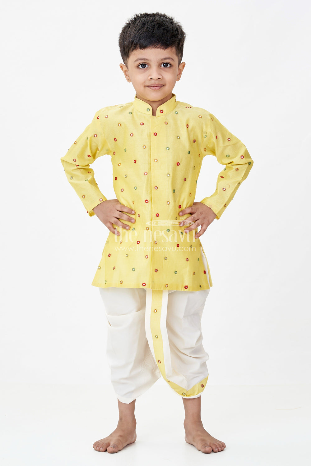 The Nesavu Boys Dothi Set Boys Yellow Dhoti Style Dress in Chanderi with Embroidered Accents Nesavu Nesavu Boys Yellow Chanderi Dhoti Style Outfit Festive Embroidery