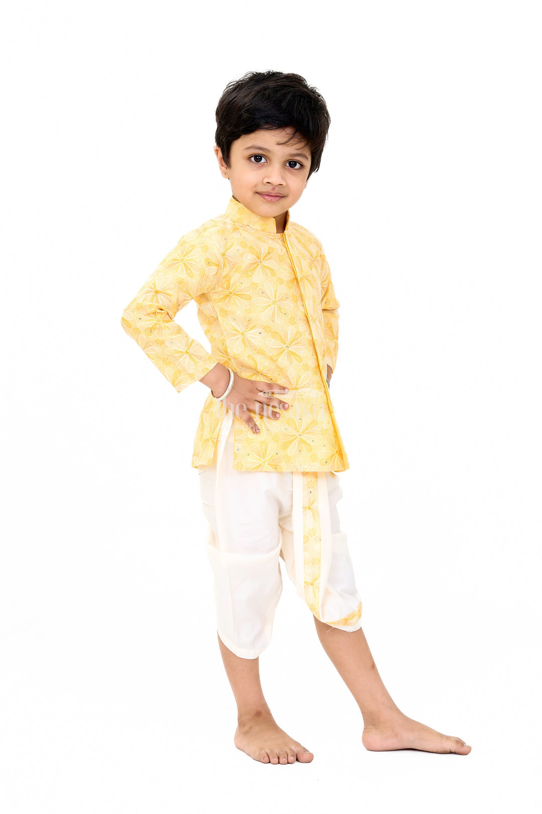 The Nesavu Boys Dothi Set Boys Yellow Embroidered Kurta with White Dhoti for Wedding and Festive Wear Nesavu 10 (NB) / Yellow BES623B-10 Nesavu Boys Yellow Embroidered Kurta White Dhoti Wedding Festive Wear