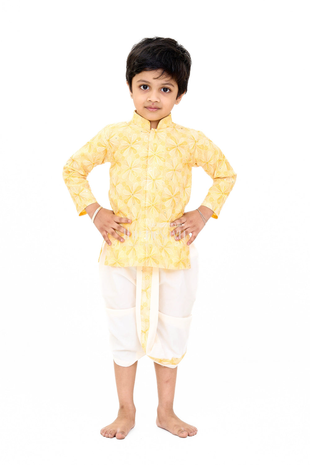 The Nesavu Boys Dothi Set Boys Yellow Embroidered Kurta with White Dhoti for Wedding and Festive Wear Nesavu Nesavu Boys Yellow Embroidered Kurta White Dhoti Wedding Festive Wear